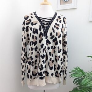 MOD On Trend Leopard Print Lace Up V Neck Sweater Beige Black Medium